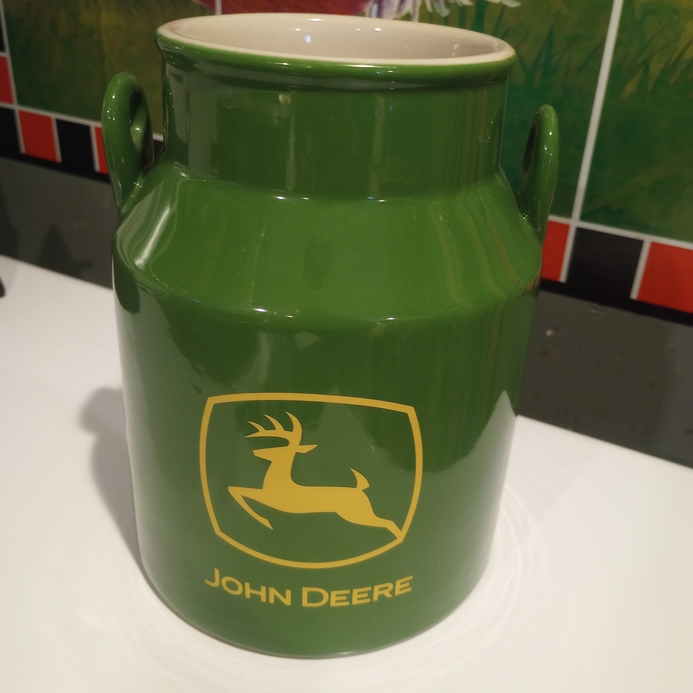 John Deere Green and Yellow Ceramic Utensil Crock